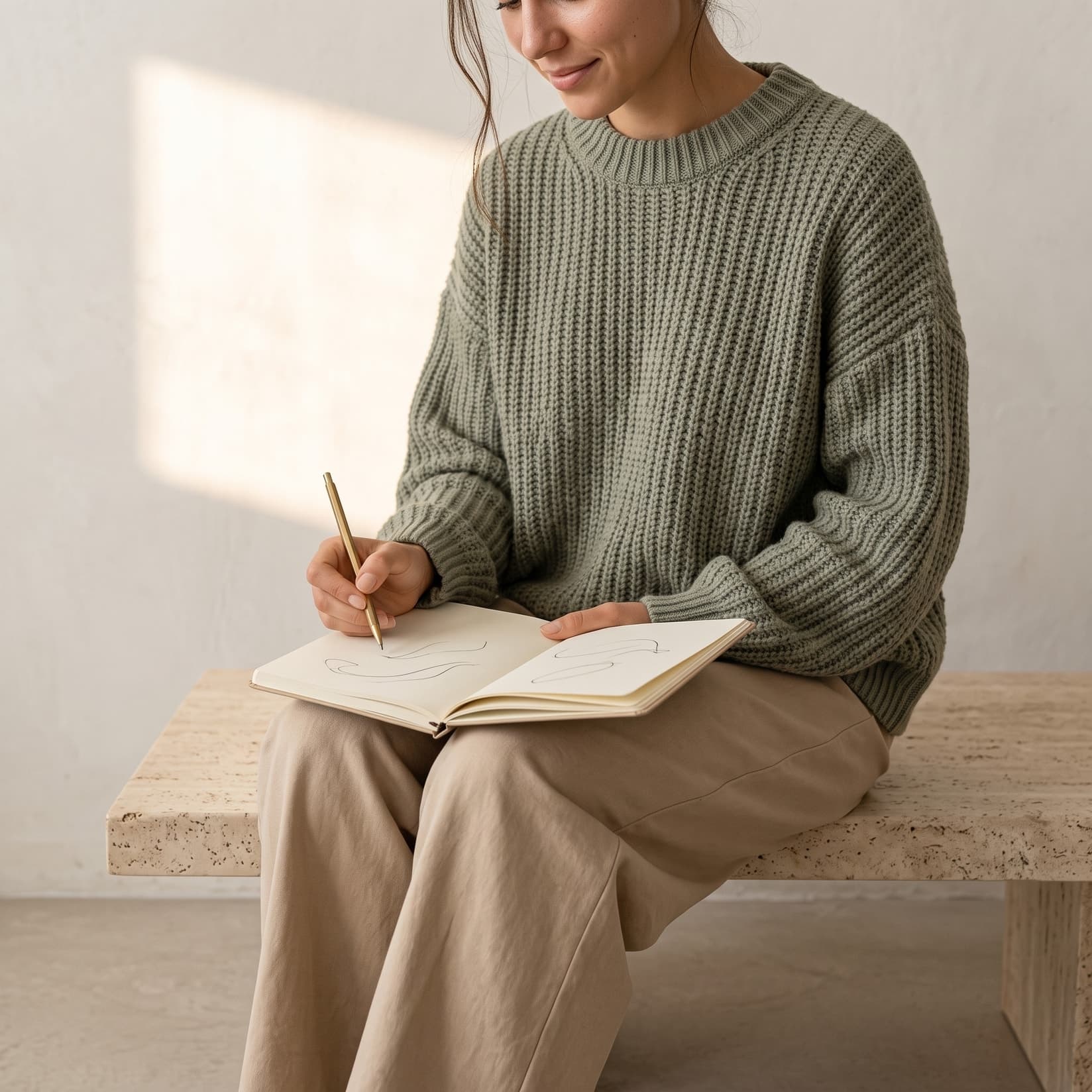 Eine junge Frau im salbeigrünen Pullover sitzt auf einer Bank und zeichnet lächelnd in ein Notizbuch