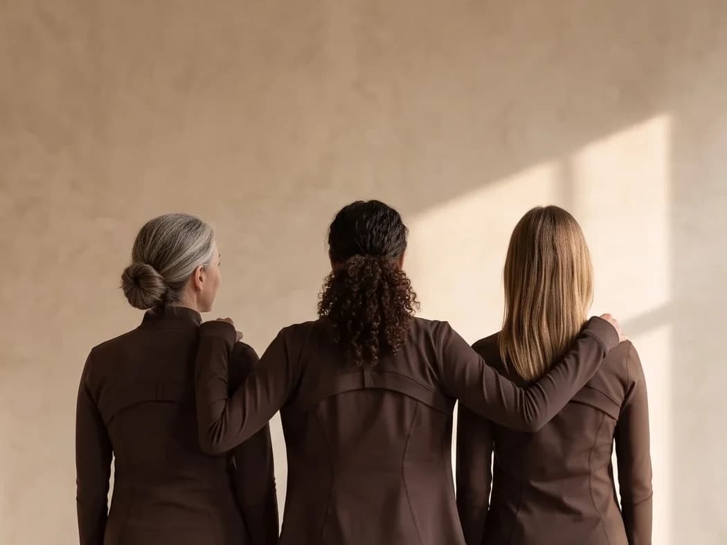 Drei Frauen in Espresso stehen Arm in Arm im leeren, hellen Raum vor der Eröffnung, von hinten