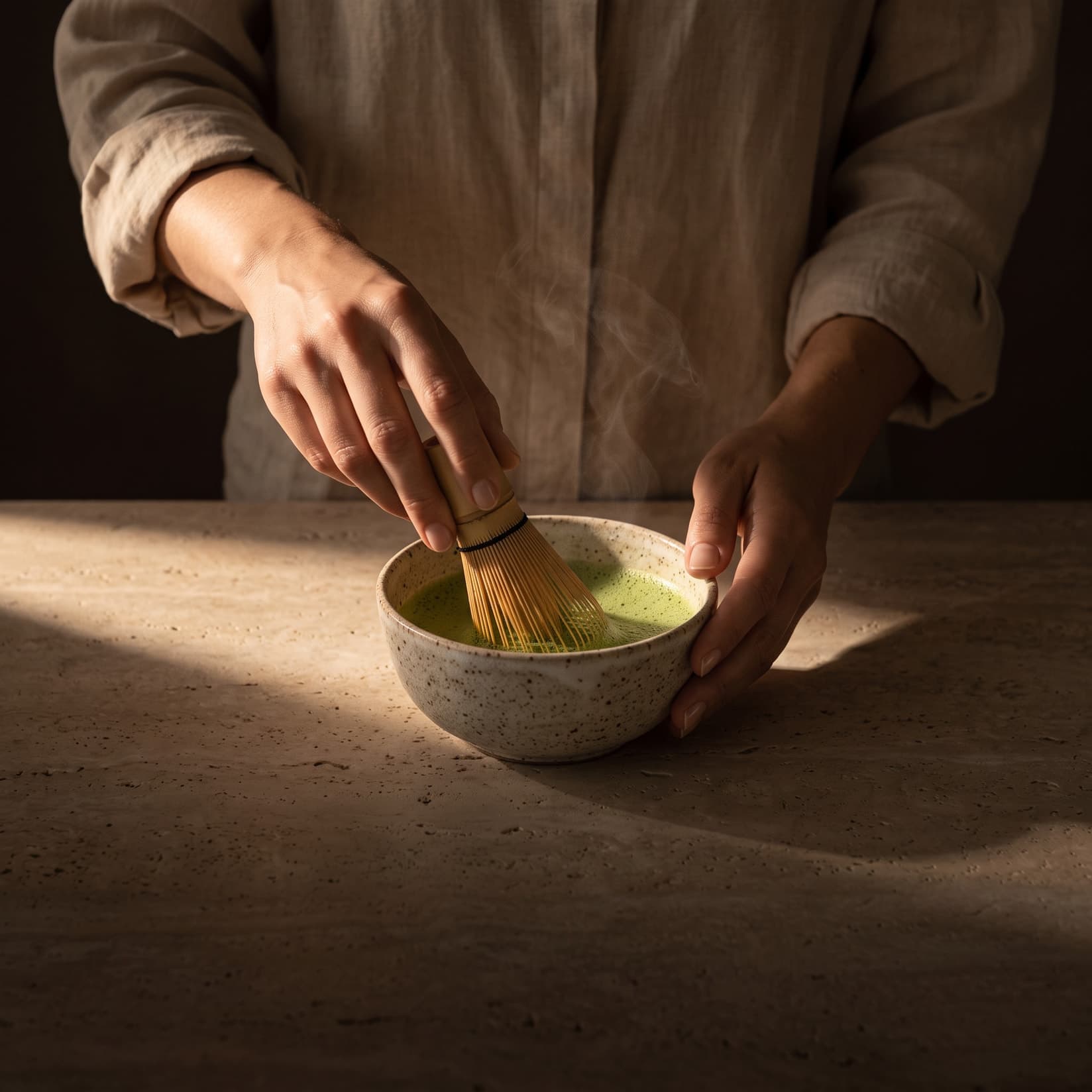 Zwei Hände schlagen im Lichtstrahl einen Matcha in einer Schale aus Keramik auf