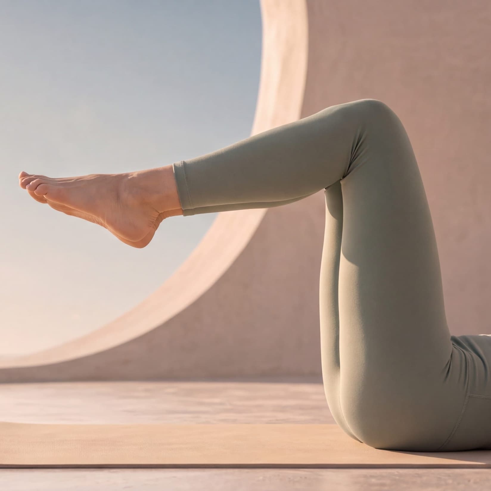 Legs raised in tabletop position on a mat against the sky