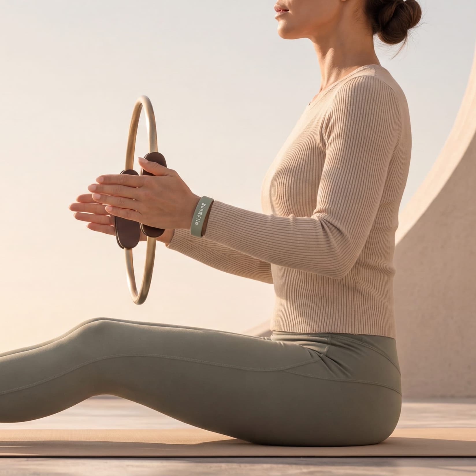 A woman sits in profile on a mat, pressing a Pilates ring between her hands, the MILA MOON wristband on her wrist