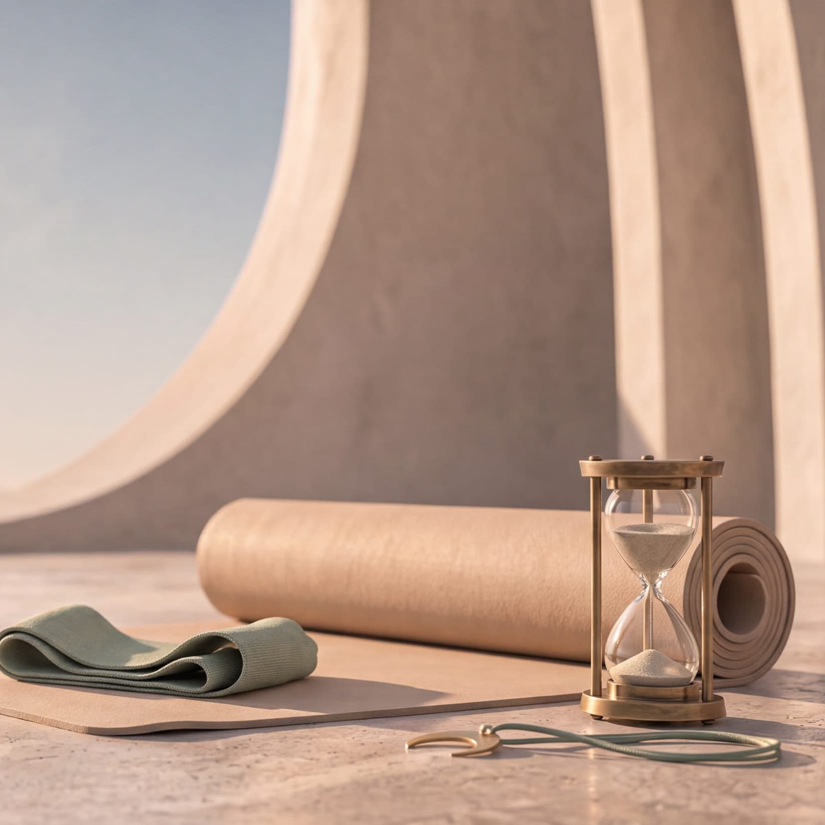 A partly unrolled mat, a mini band, a brass hourglass and the lanyard with the brass moon in the low sun