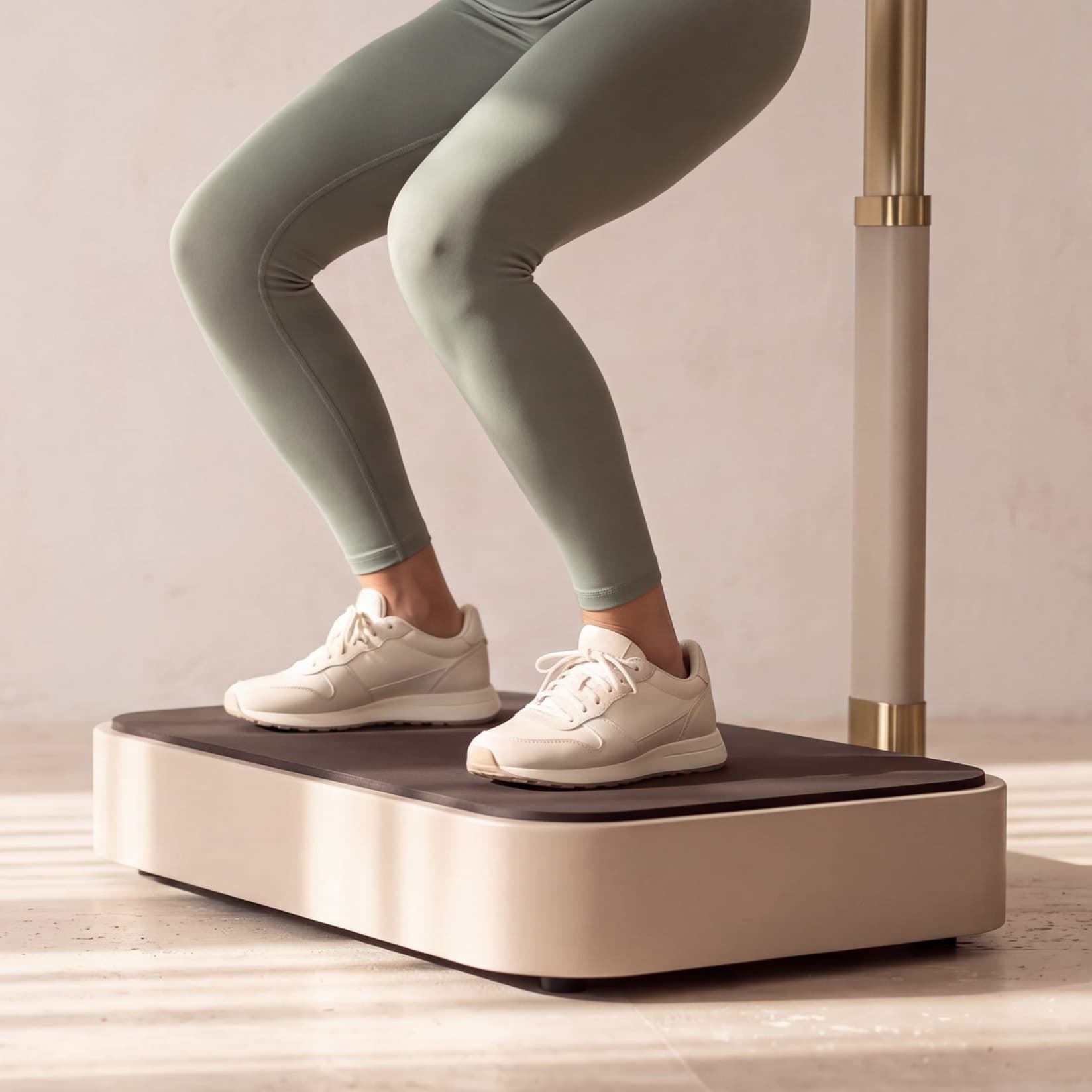 Beine in salbeigrünen Leggings in der Kniebeuge auf einer Vibrationsplatte