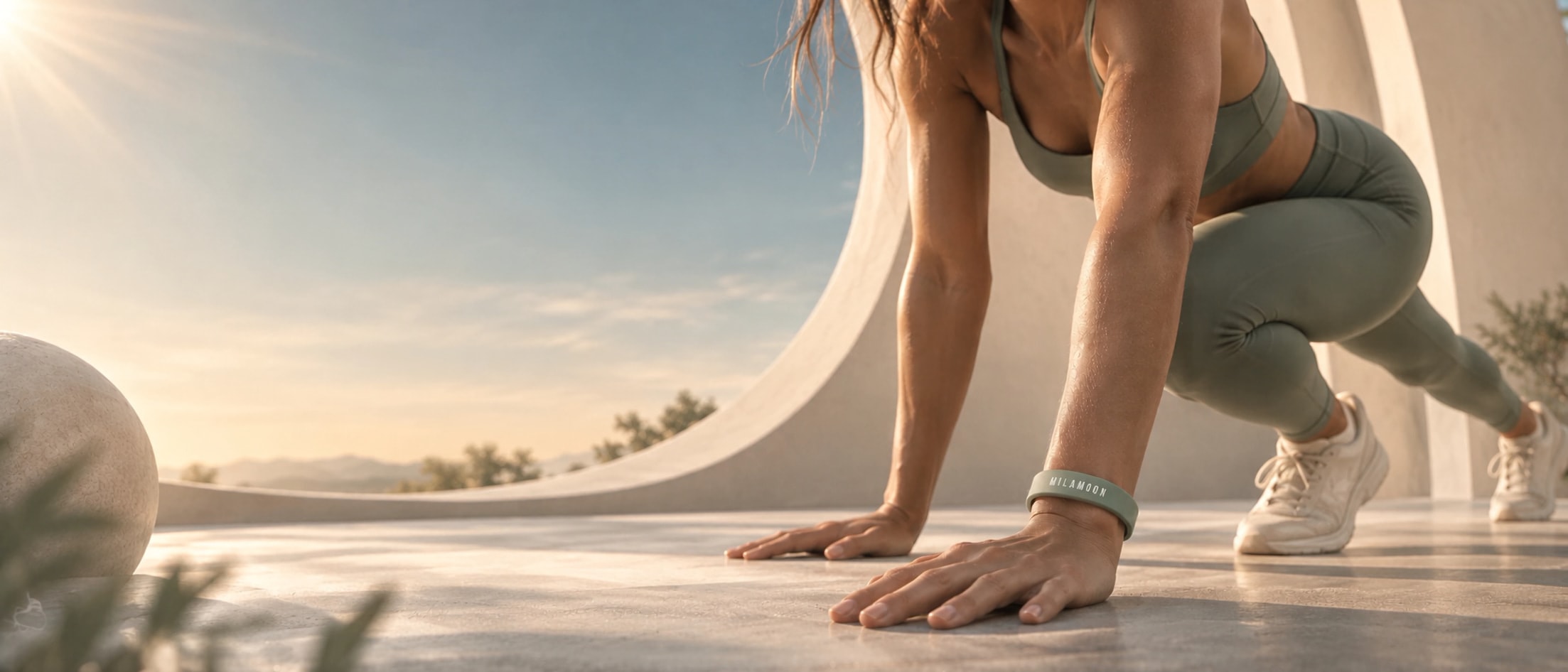A woman lunges on a bright terrace, wearing her MILA MOON wristband