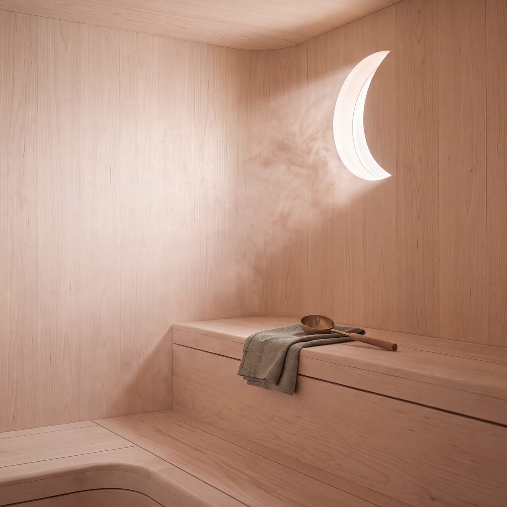 Eine Sauna aus hellem Espenholz mit einem Fenster in Form einer Mondsichel, Dampf im warmen Licht, auf der Bank ein Leinentuch in Salbei und eine Kelle aus Messing