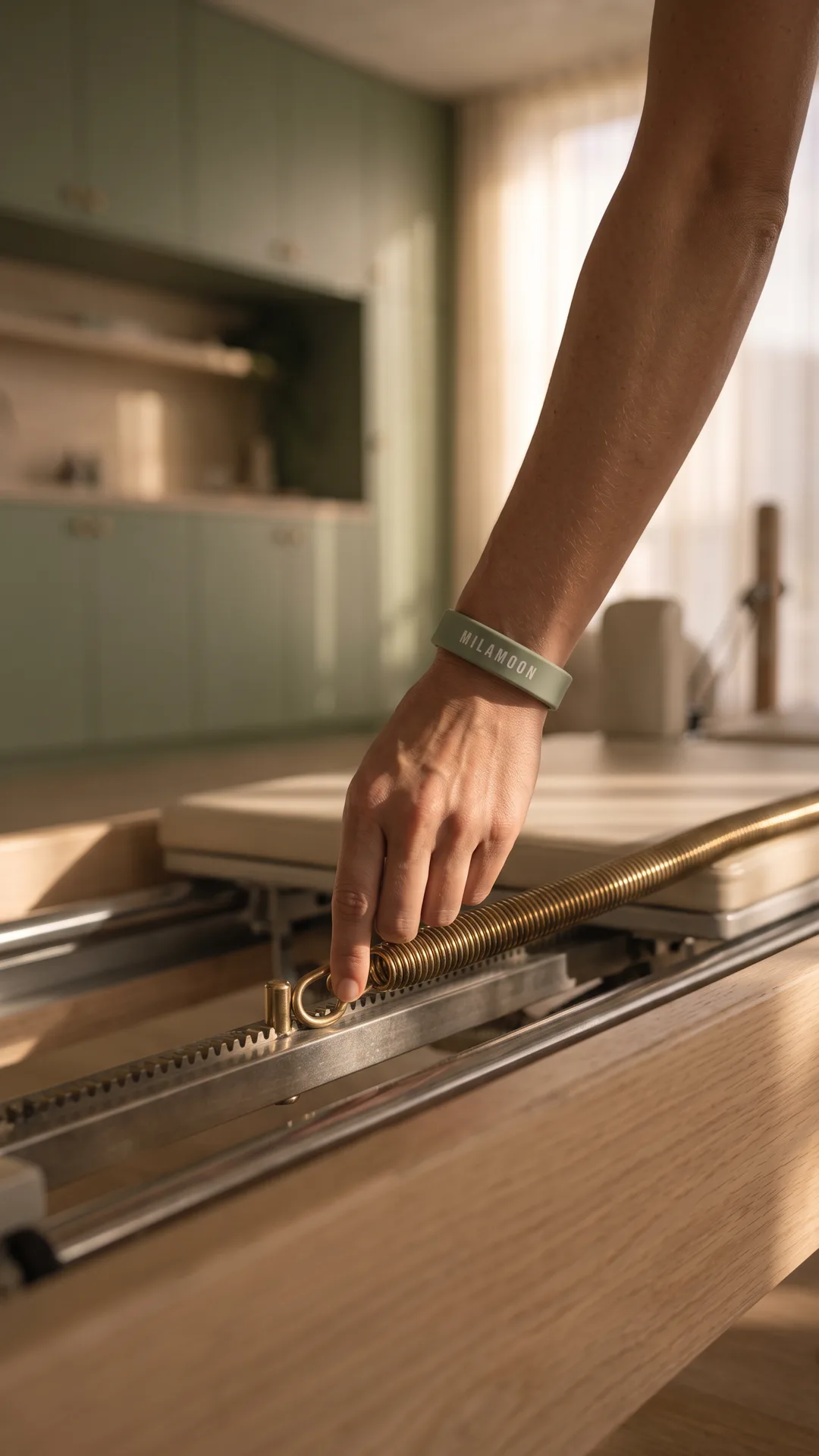 Eine Hand mit dem MILA-MOON-Armband hängt eine Feder am Reformer ein