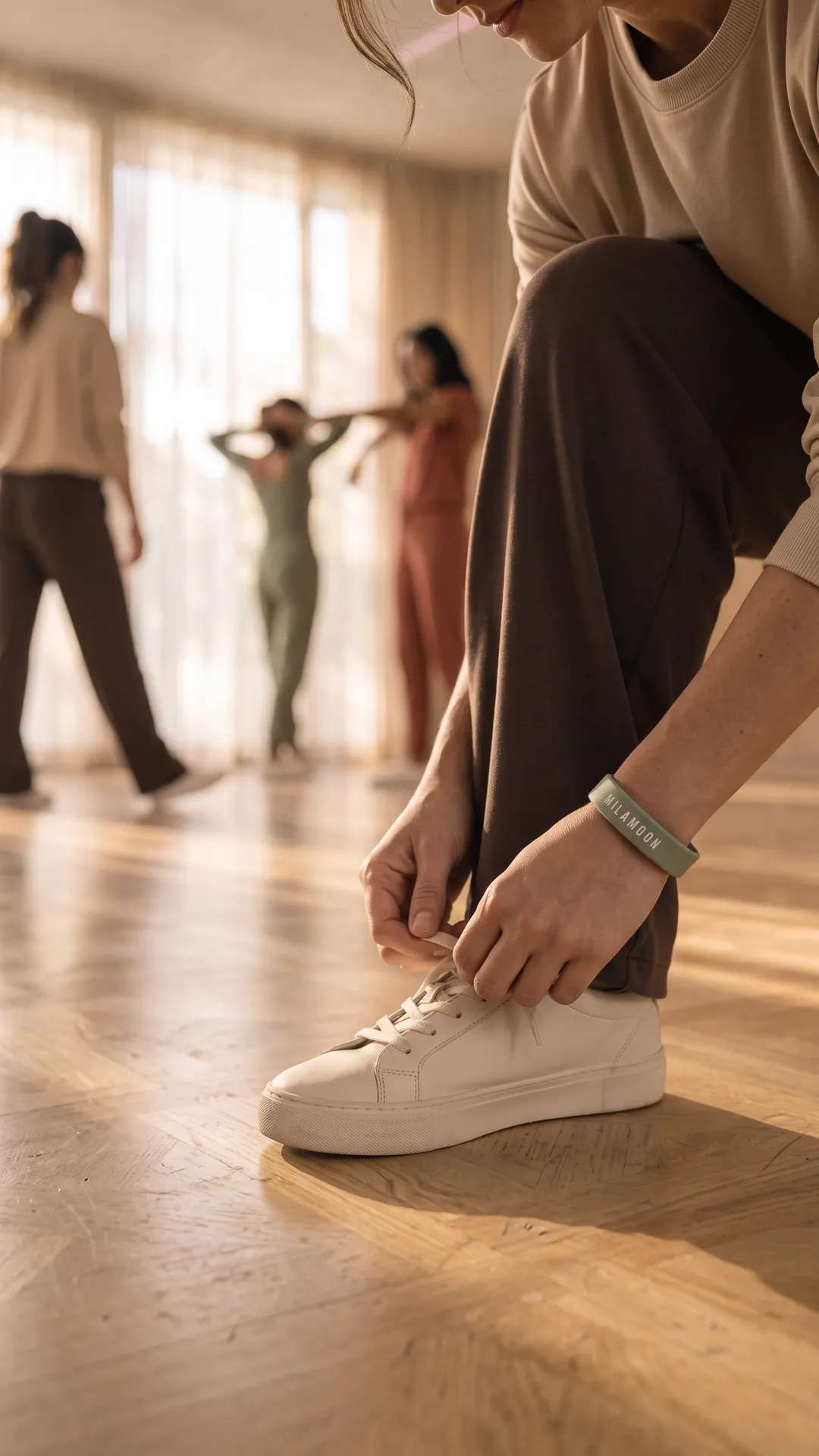 Eine Frau schnürt ihre hellen Sneaker, am Handgelenk das MILA-MOON-Armband