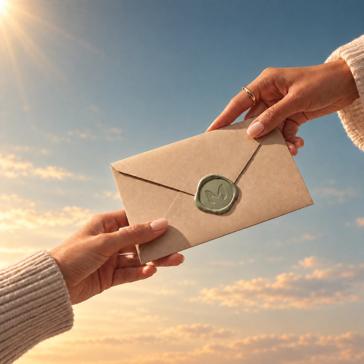 Two hands pass an envelope with a green seal against a sunny sky.