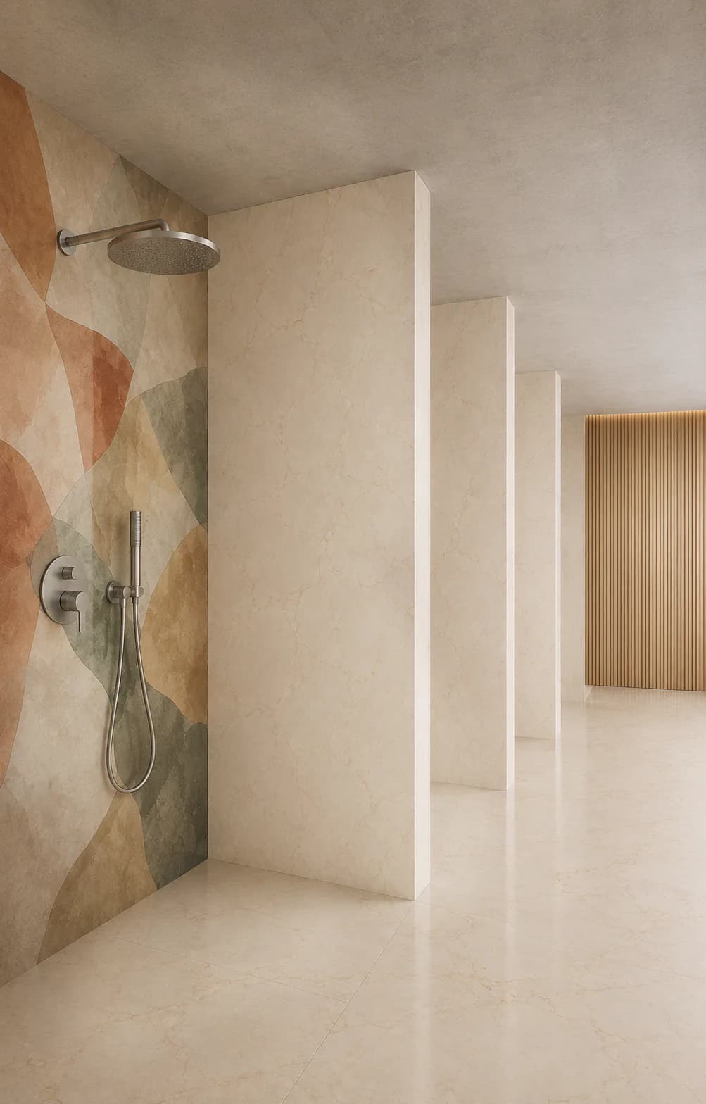 The showers with rain showerheads and a painted wall