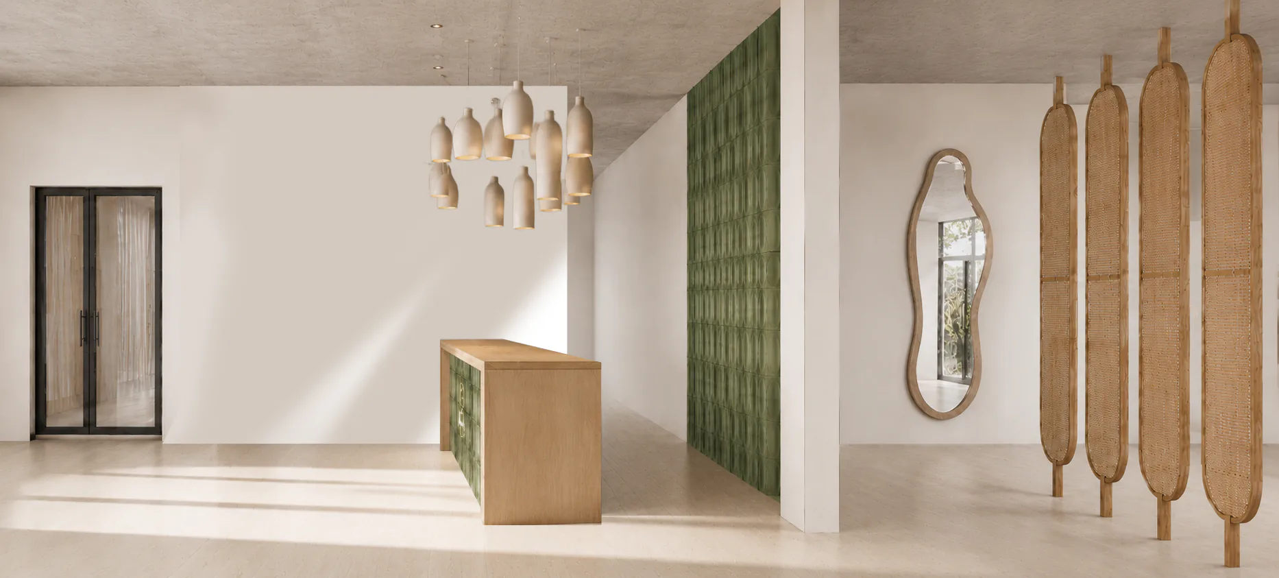 The reception with a wooden counter, a green tiled wall and ceramic lamps