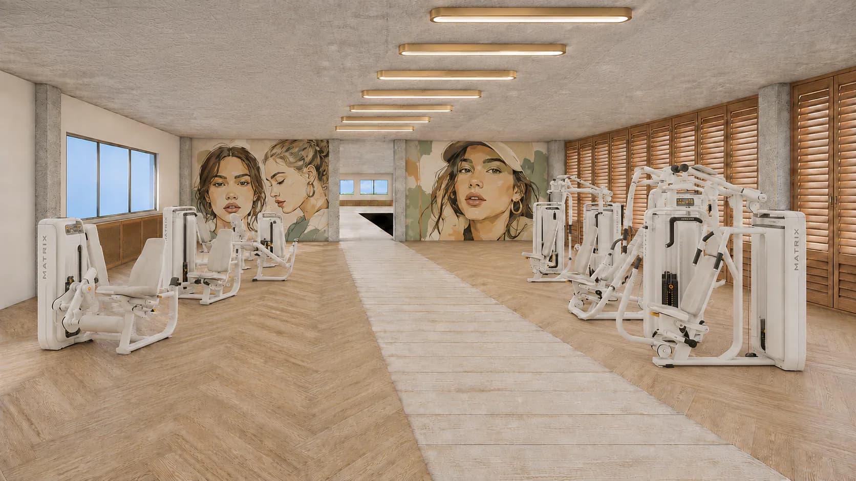 White strength machines in front of large murals of women’s faces