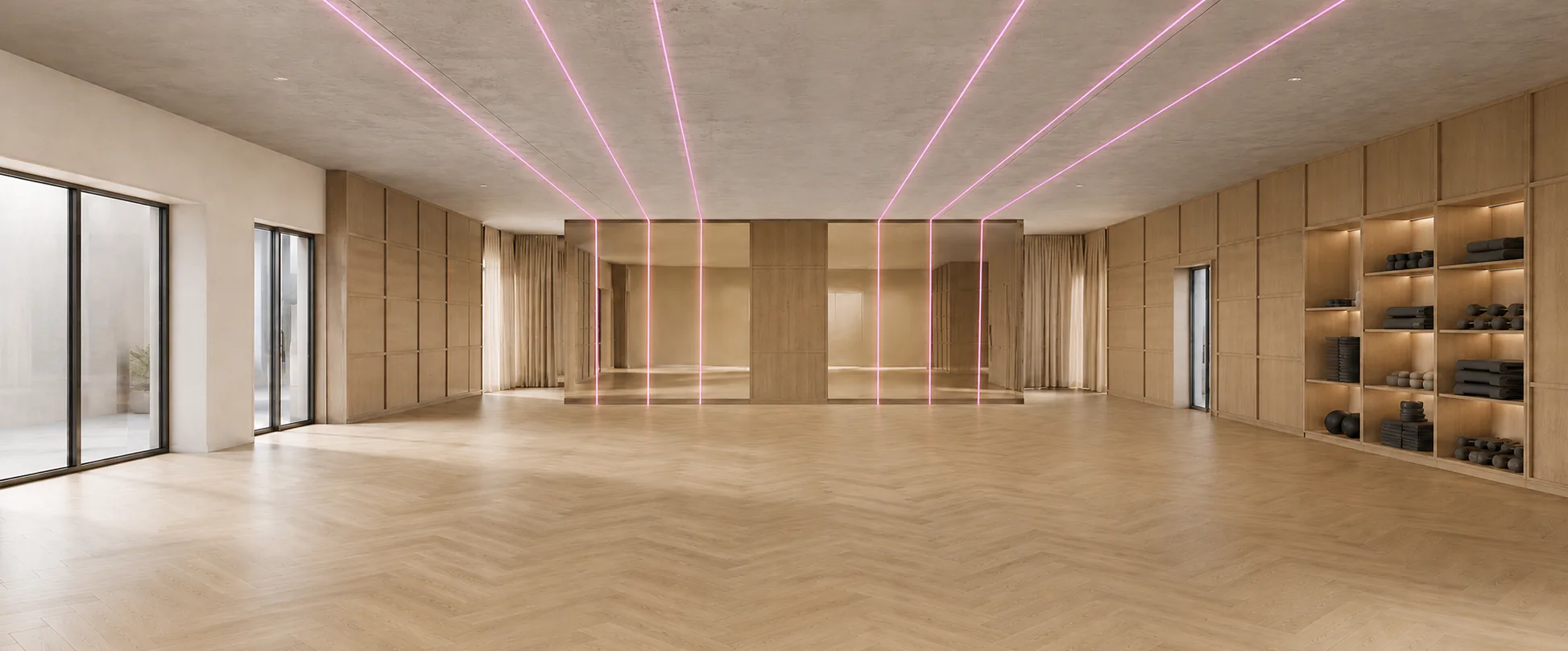Der Kursraum mit Holzboden, Spiegelwand und Lichtlinien an der Decke