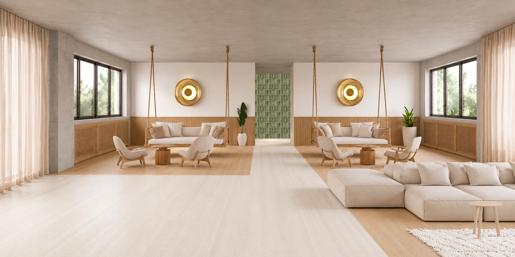 The lounge with hanging sofas, armchairs and a large corner sofa