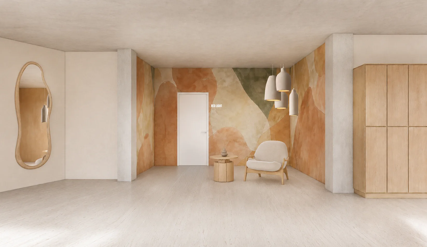 The anteroom to the Red Light cabin with an armchair and a mural in earth tones