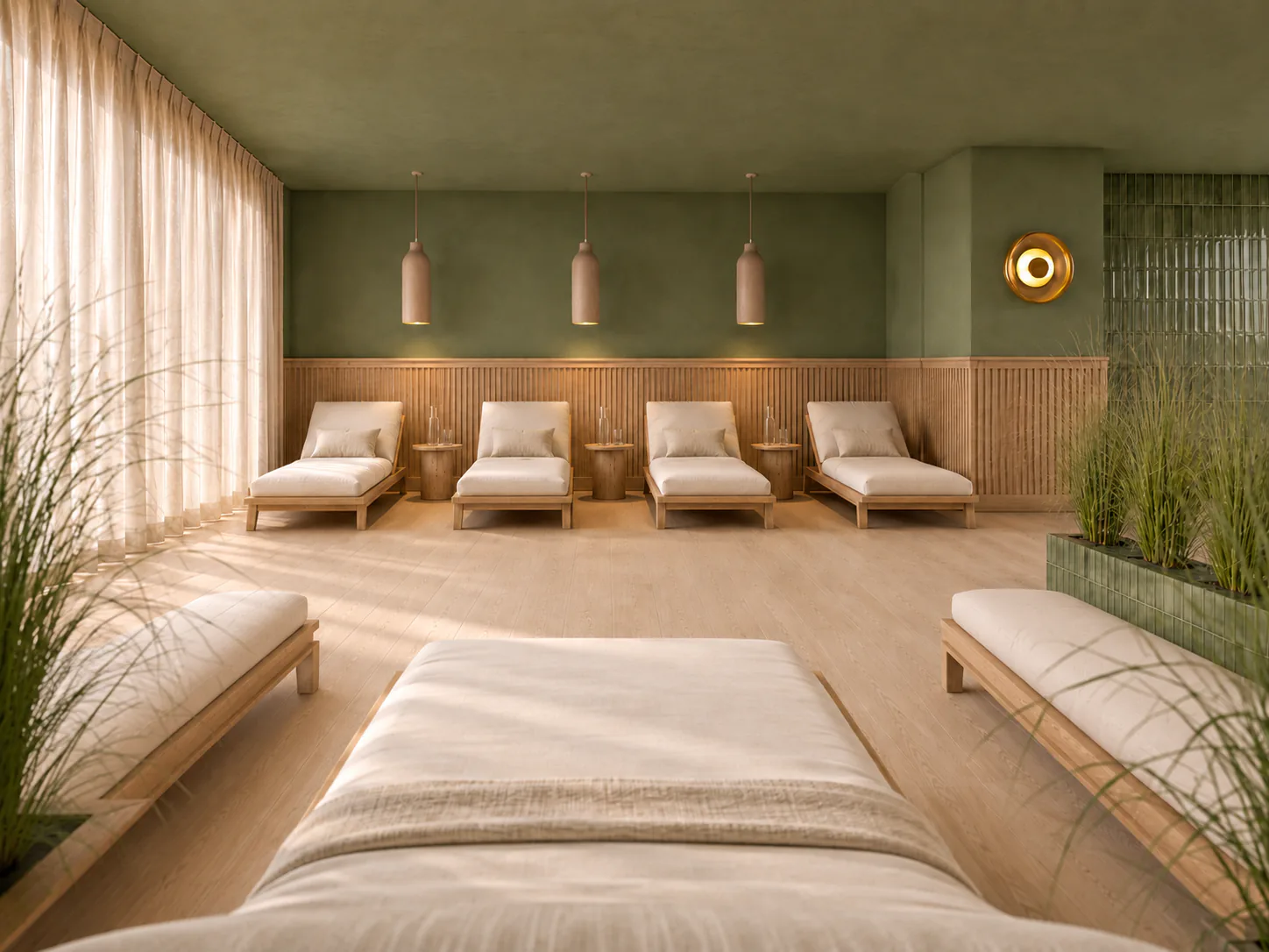 The relaxation area with loungers, ornamental grasses and curtains