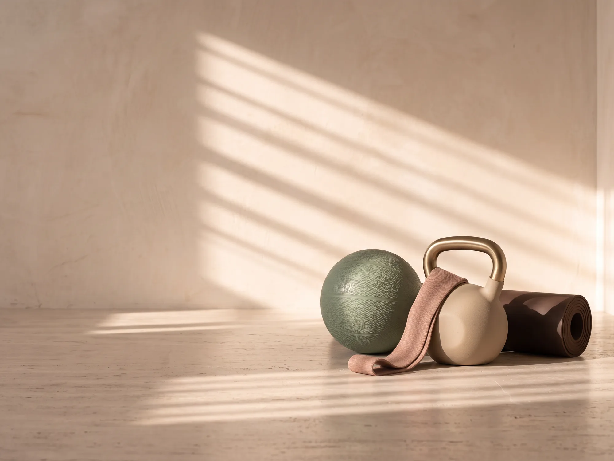 Ein salbeigrüner Medizinball, eine sandfarbene Kettlebell mit Messinggriff, ein Trainingsband und eine gerollte Matte auf hellem Travertin im Licht der Lamellen
