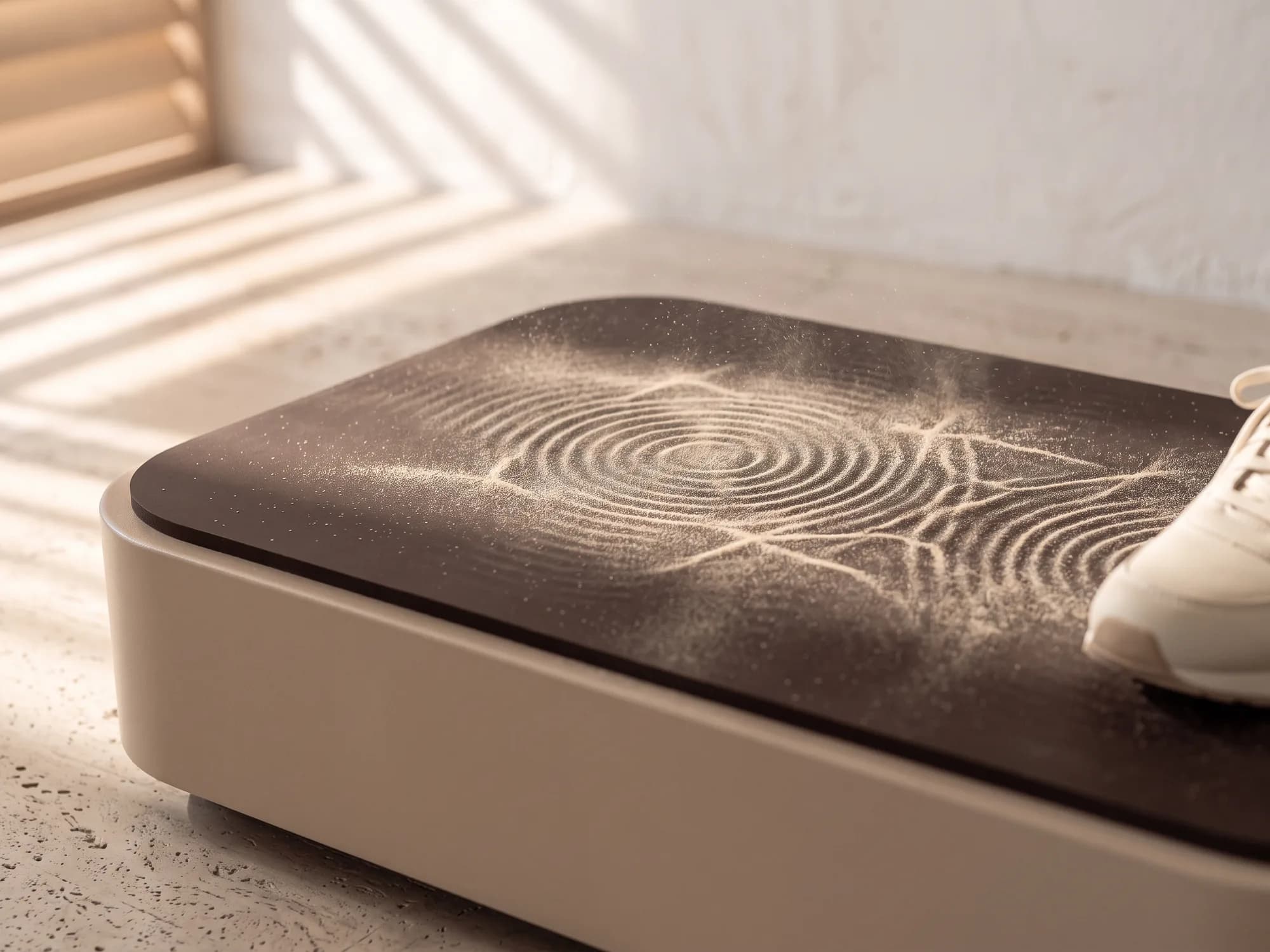Feiner Sand bildet auf der dunklen Fläche einer Vibrationsplatte Wellenmuster, am Rand die Spitze eines hellen Sneakers