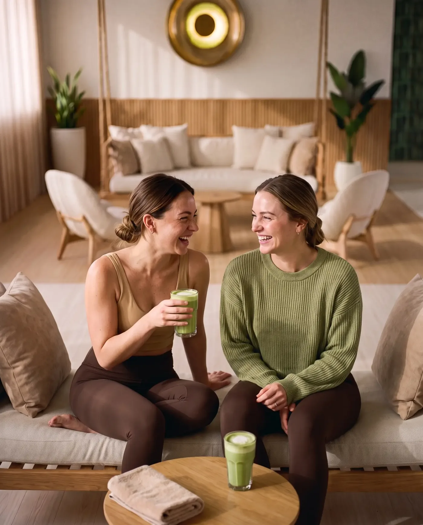 Zwei Frauen lachen nach dem Training mit einem Matcha auf dem Sofa der Lounge